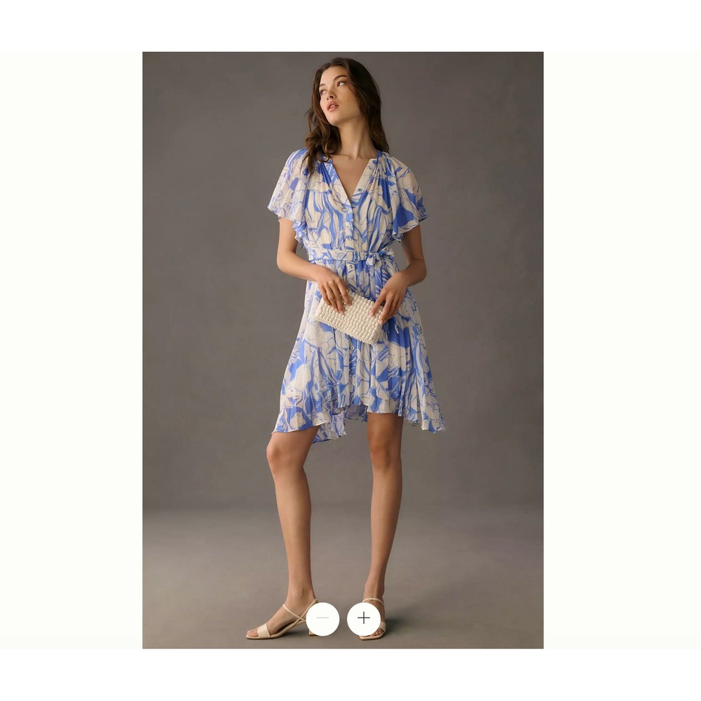 Anthropologie Blue White Floral Flutter Sleeve Button Front Dress XL Lined